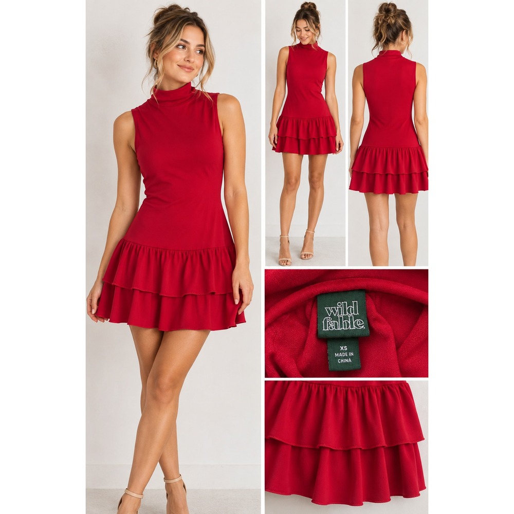 Red Mock Neck Mini Dress XS Drop Waist Tiered Ruffle Sleeveless Y2K Romantic
